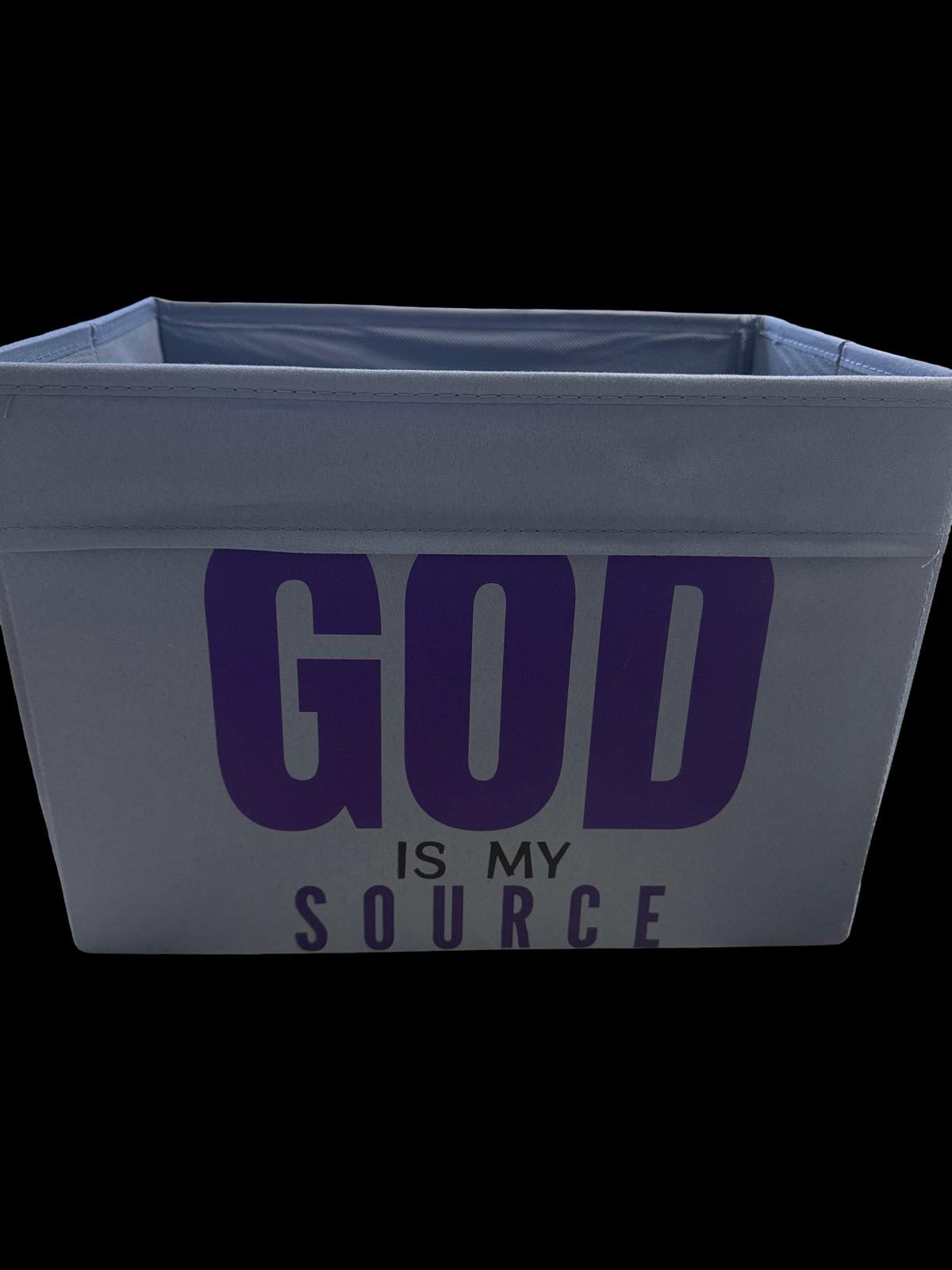 Storage bin personalized with God Is My Source