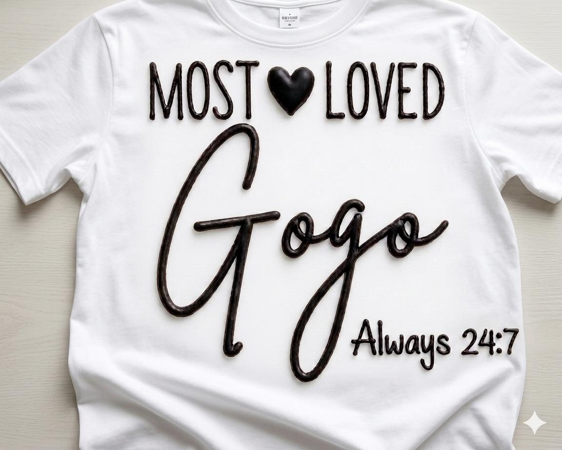 White custom t-shirt printed with Most Loved Gogo