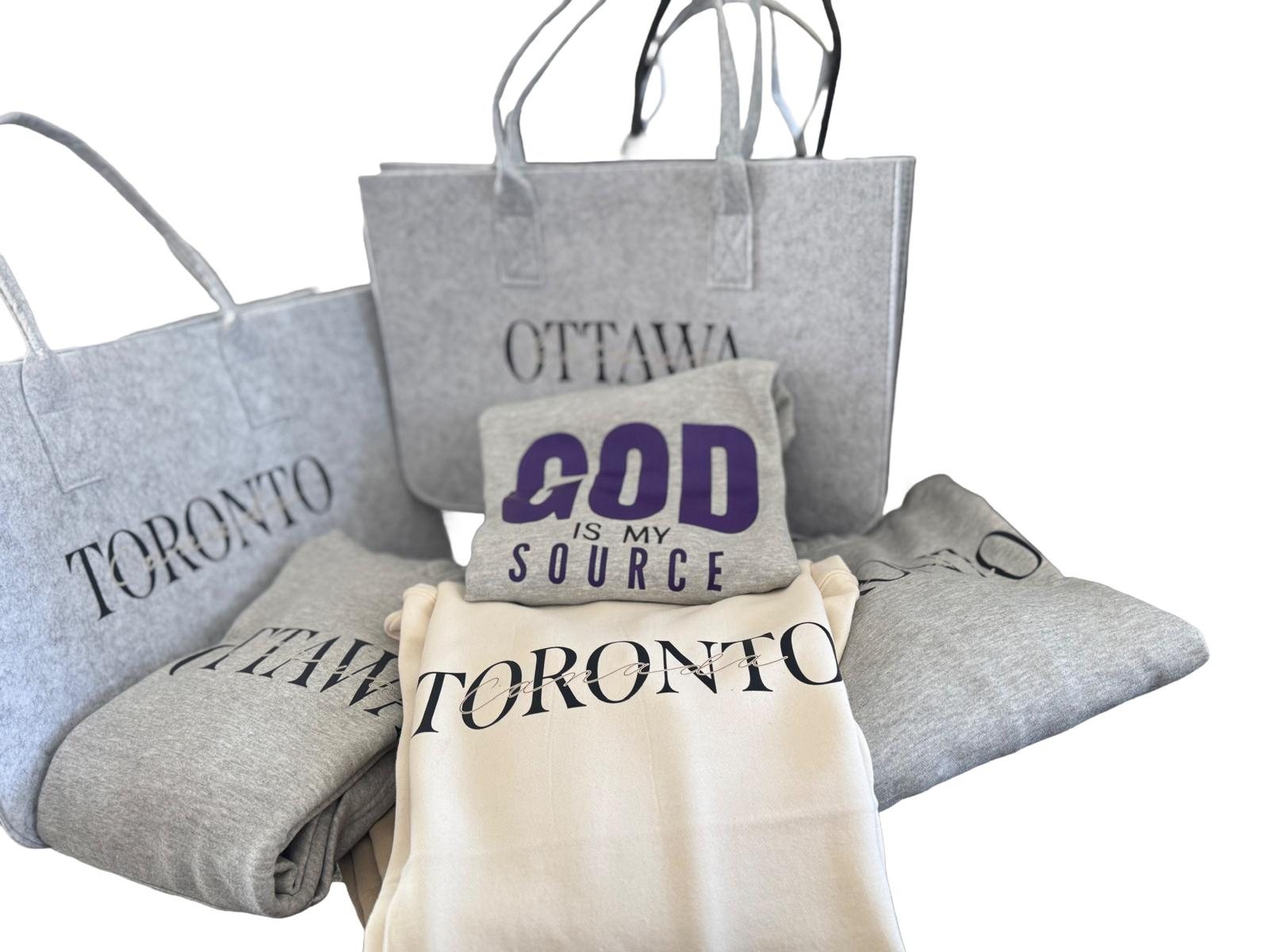 Grey felt tote bags printed with TORONTO and OTTAWA